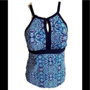 Lands End Tankini Swim Top -2 blue white , polyester spandex